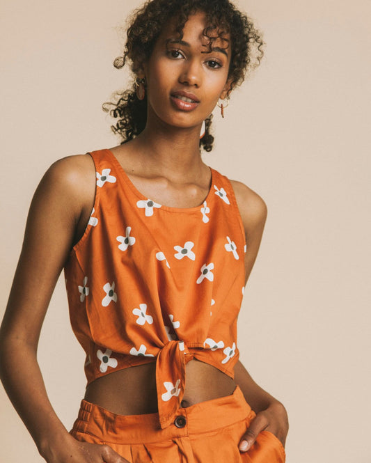 Crop top terracotta motif fleurs en coton - Bambili