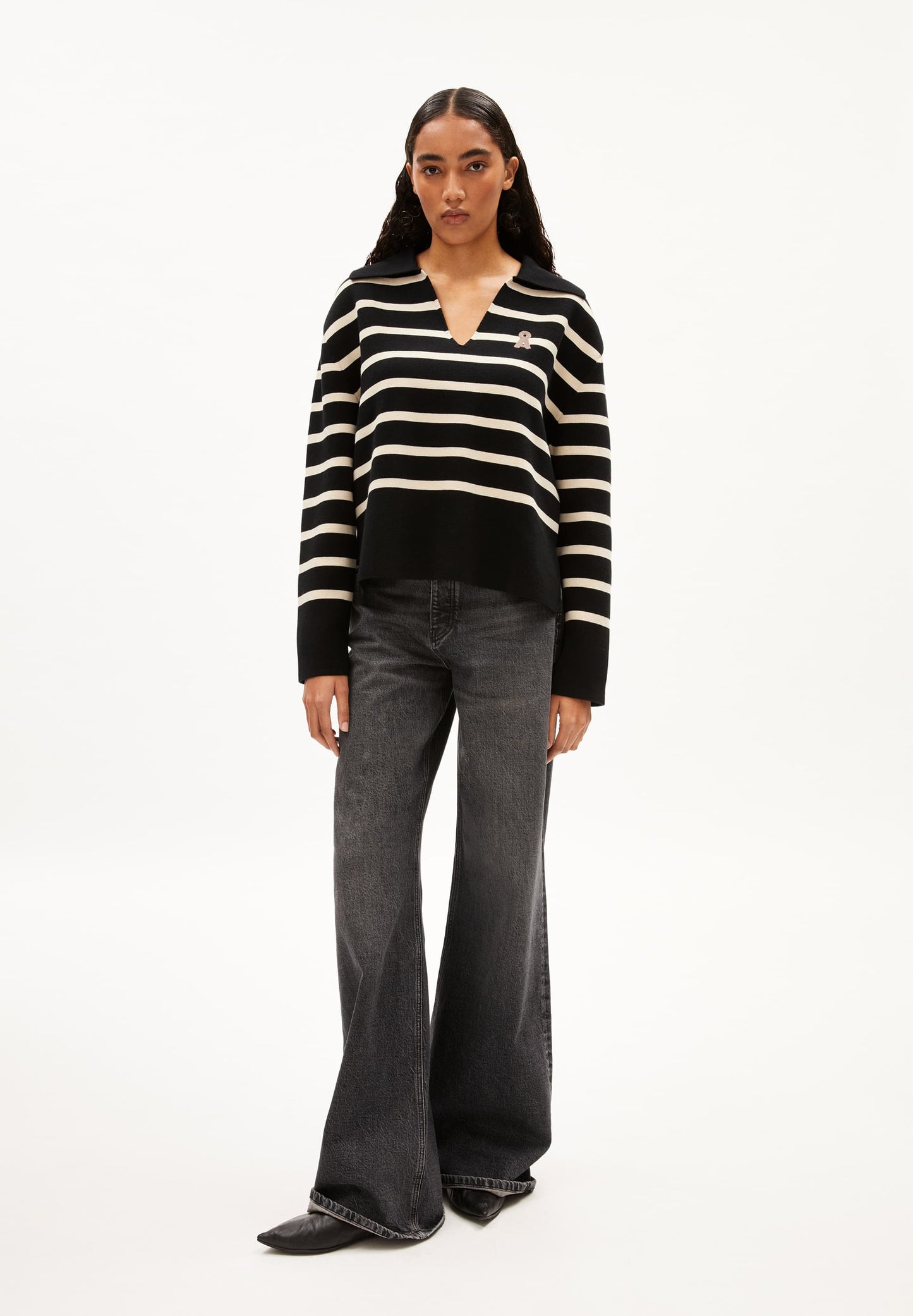 pull marinière en coton bio | rayé "frejiaas stripes - black-oatmilk"