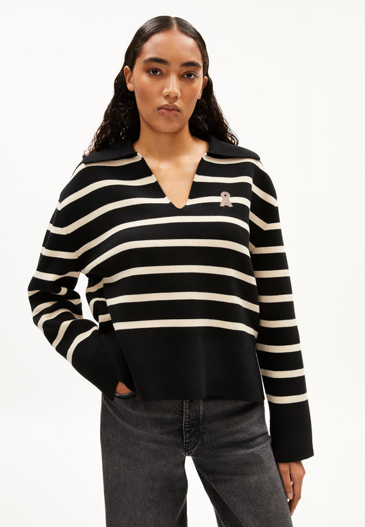 pull marinière en coton bio | rayé "frejiaas stripes - black-oatmilk"