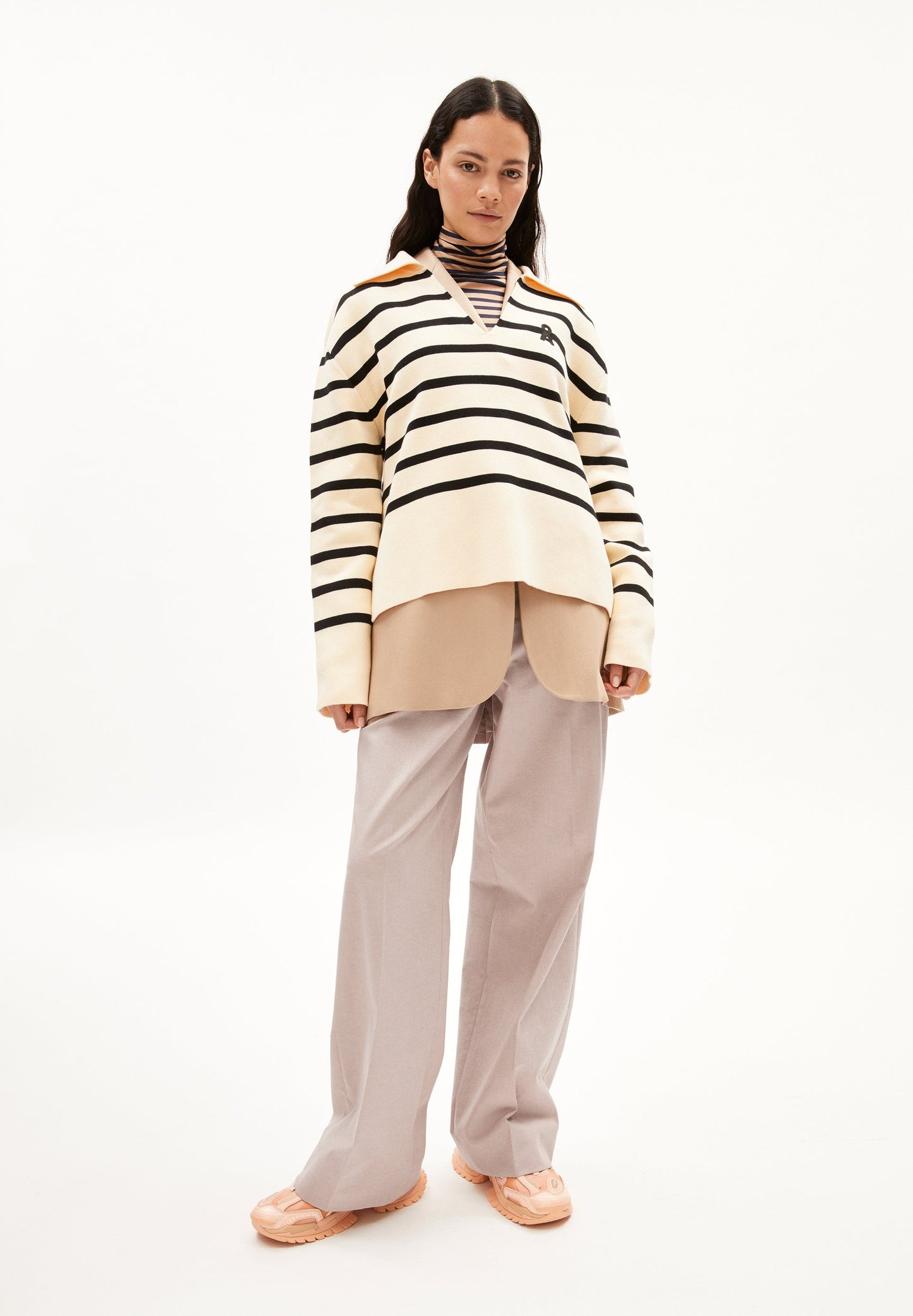 pull marinière en coton bio | rayé "frejiaas stripes - oatmilk-black"