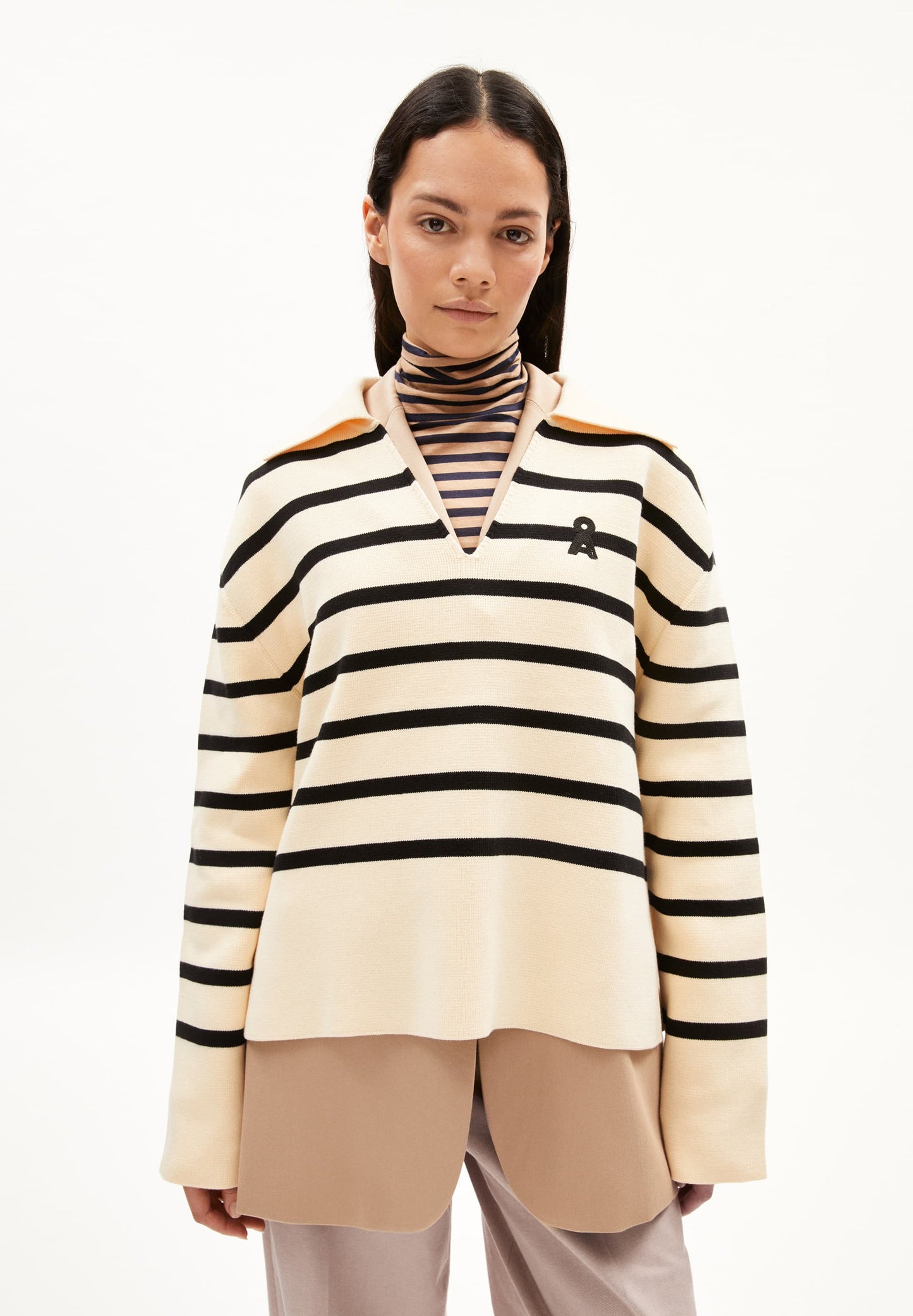 pull marinière en coton bio | rayé "frejiaas stripes - oatmilk-black"