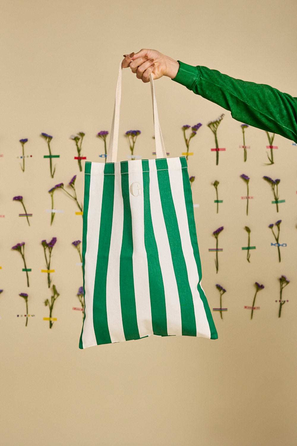 Sac cabas en coton bio | rayé "Équilibre - vert gazon / vanille"