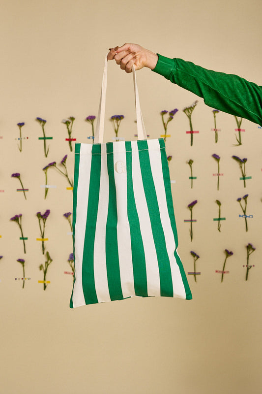 Sac cabas en coton bio | rayé "Équilibre - vert gazon / vanille"
