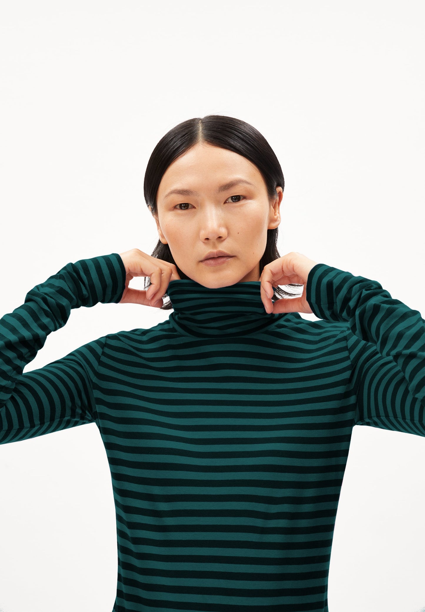 T-shirt manches longues col roulé en coton bio | vert "graziliaa stripes teal stone black"