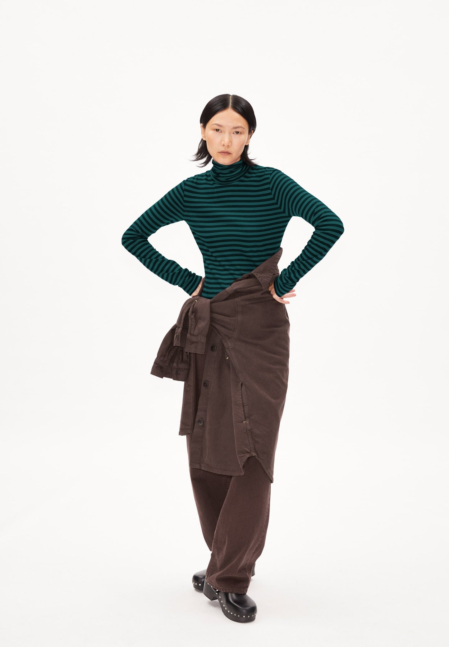 T-shirt manches longues col roulé en coton bio | vert "graziliaa stripes teal stone black"