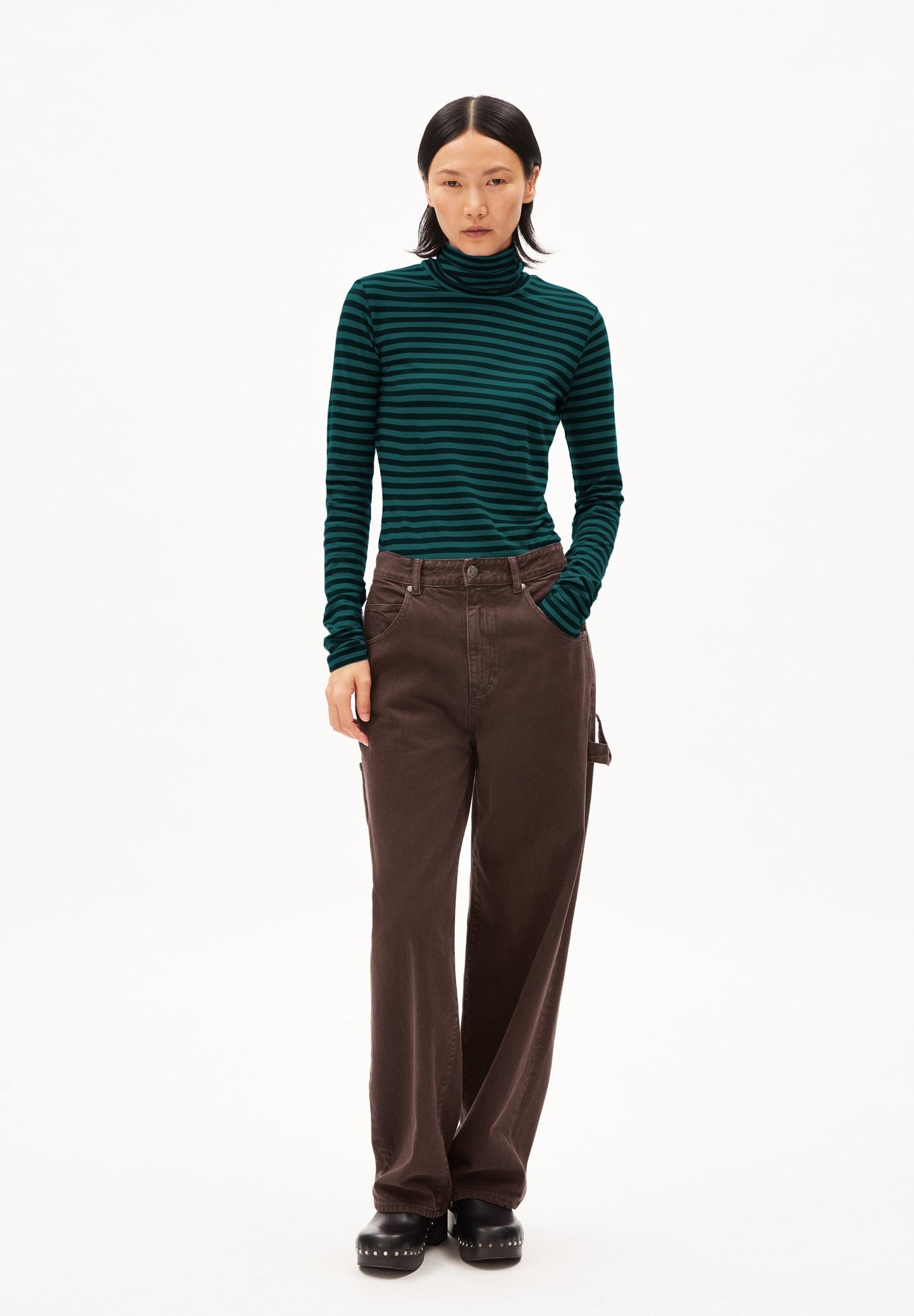 T-shirt manches longues col roulé en coton bio | vert "graziliaa stripes teal stone black"