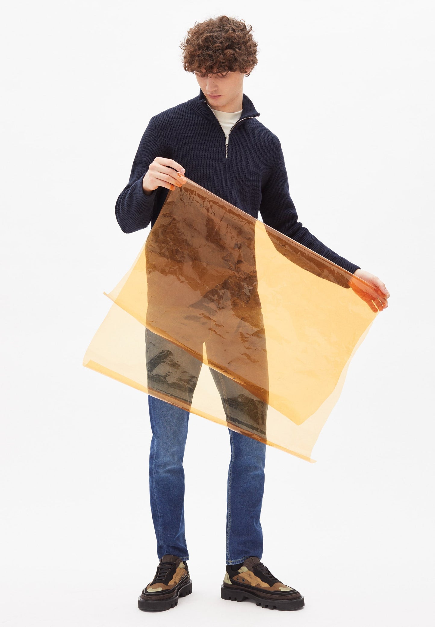 Pull col zippé marine en coton bio - HAABO depth navy