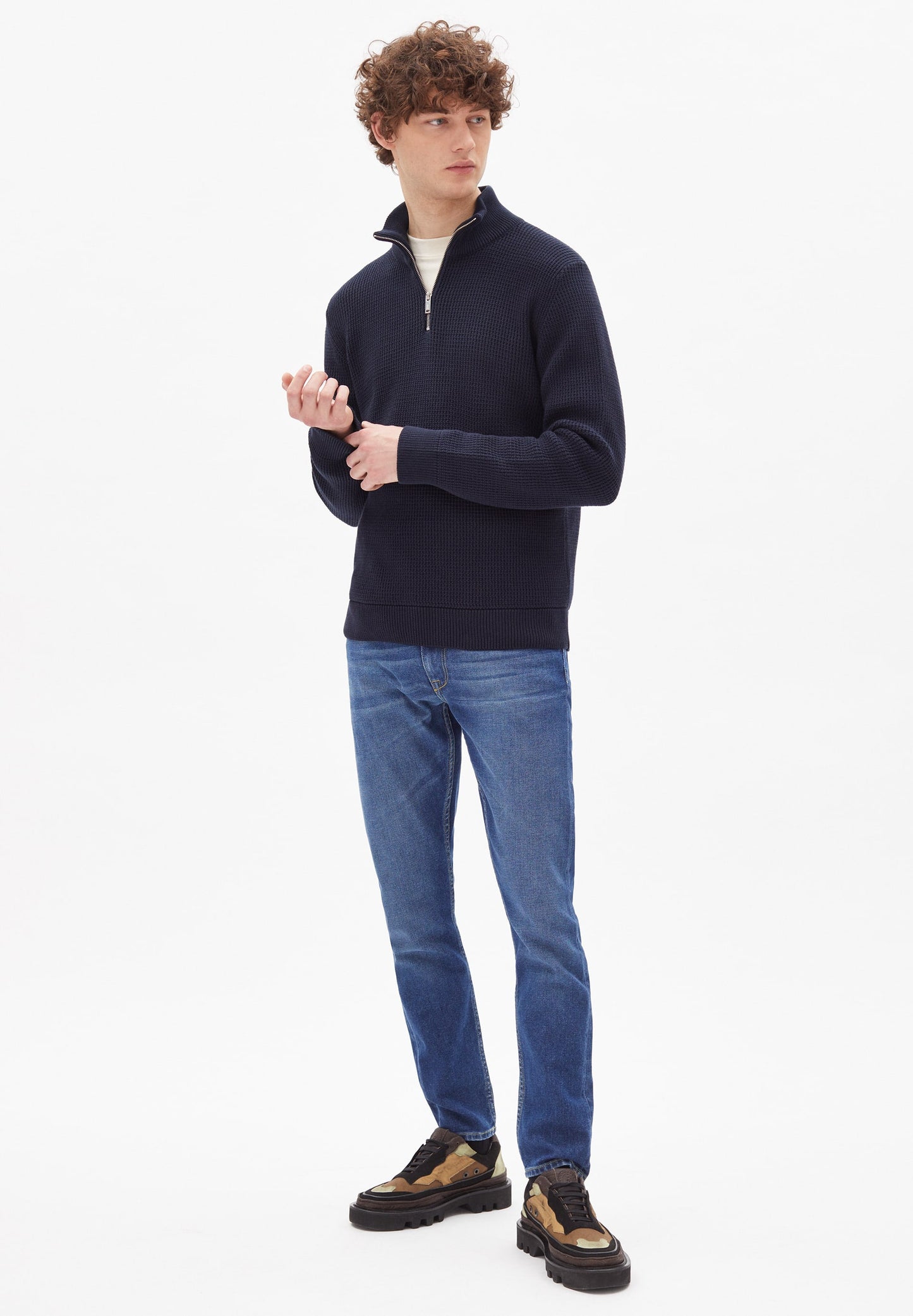 Pull col zippé marine en coton bio - HAABO depth navy