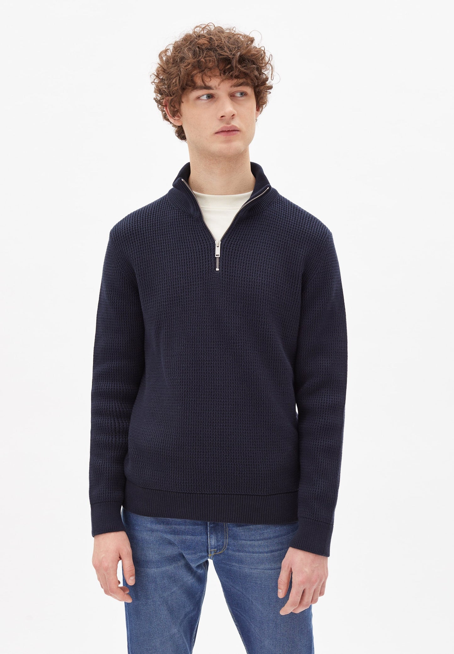 Pull col zippé marine en coton bio - HAABO depth navy