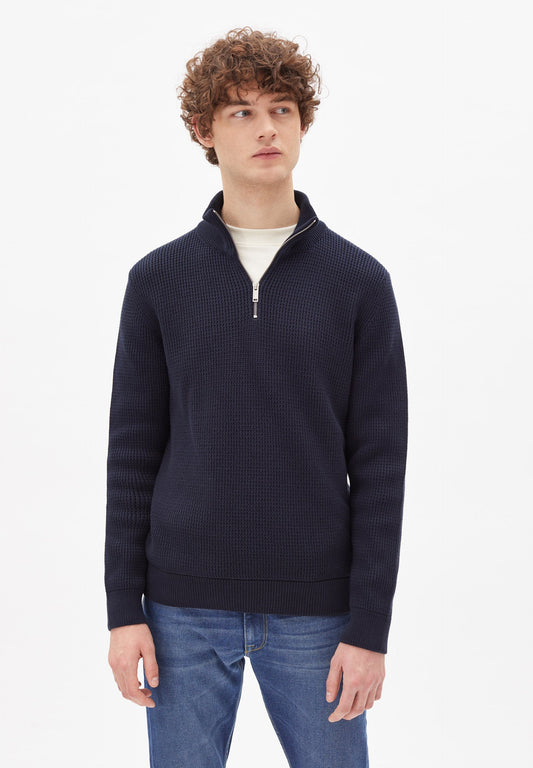 Pull col zippé marine en coton bio - HAABO depth navy