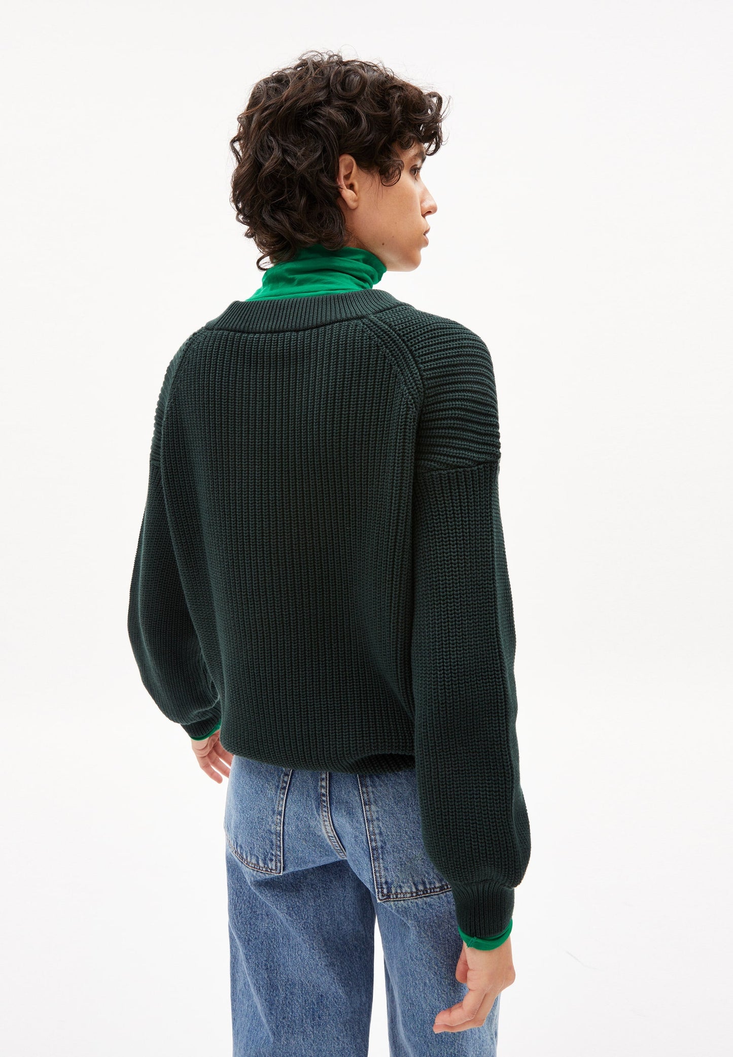 Pull manches bouffantes vert foncé en coton bio - haayle compact dark scarab