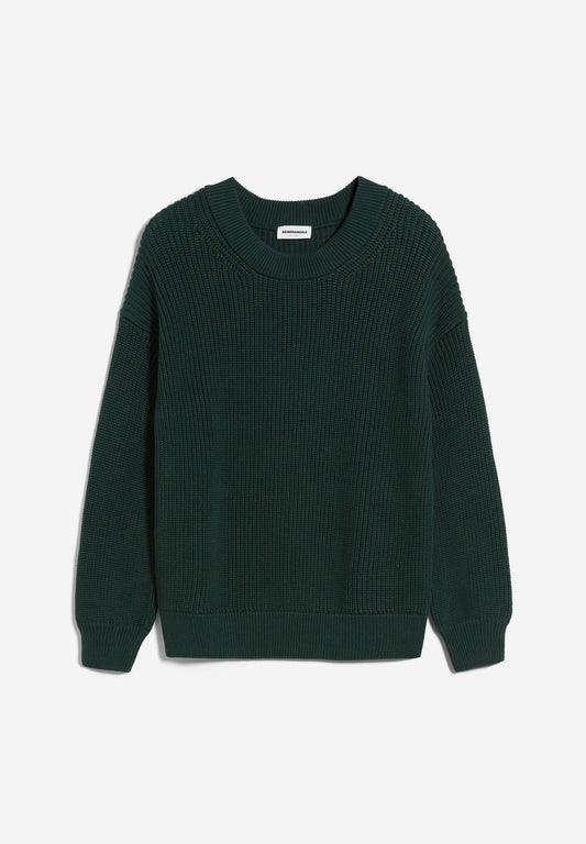Pull manches bouffantes vert foncé en coton bio - haayle compact dark scarab