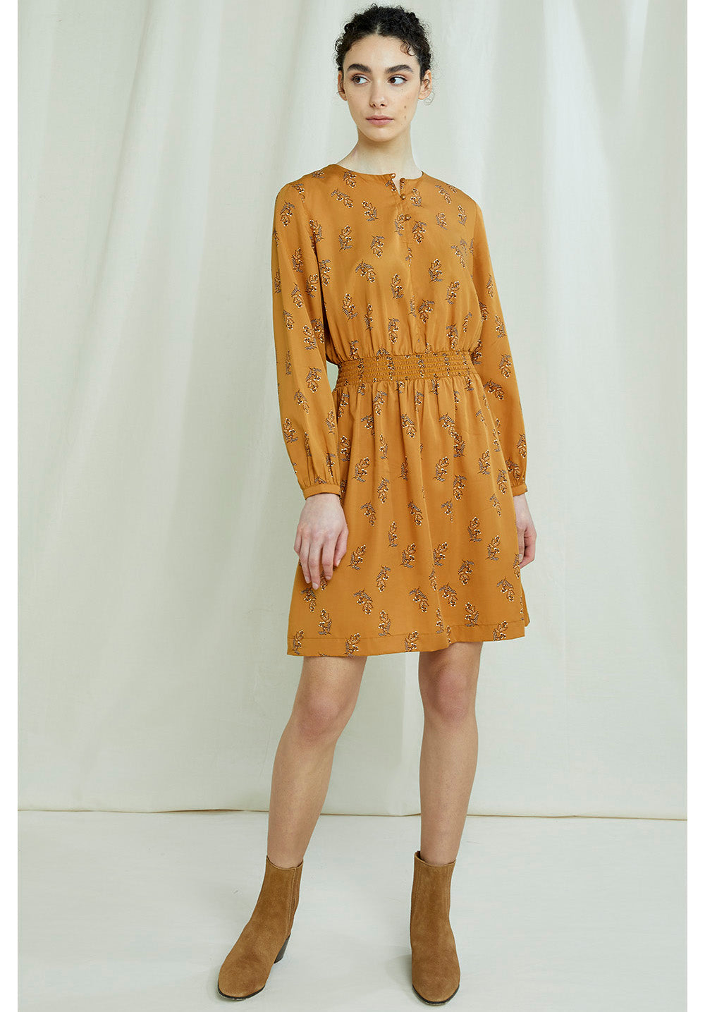 Robe courte orange à imprimé floral en tencel - Hanna