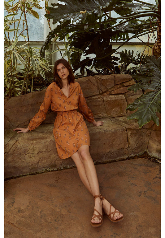 Robe courte orange à imprimé floral en tencel - Hanna