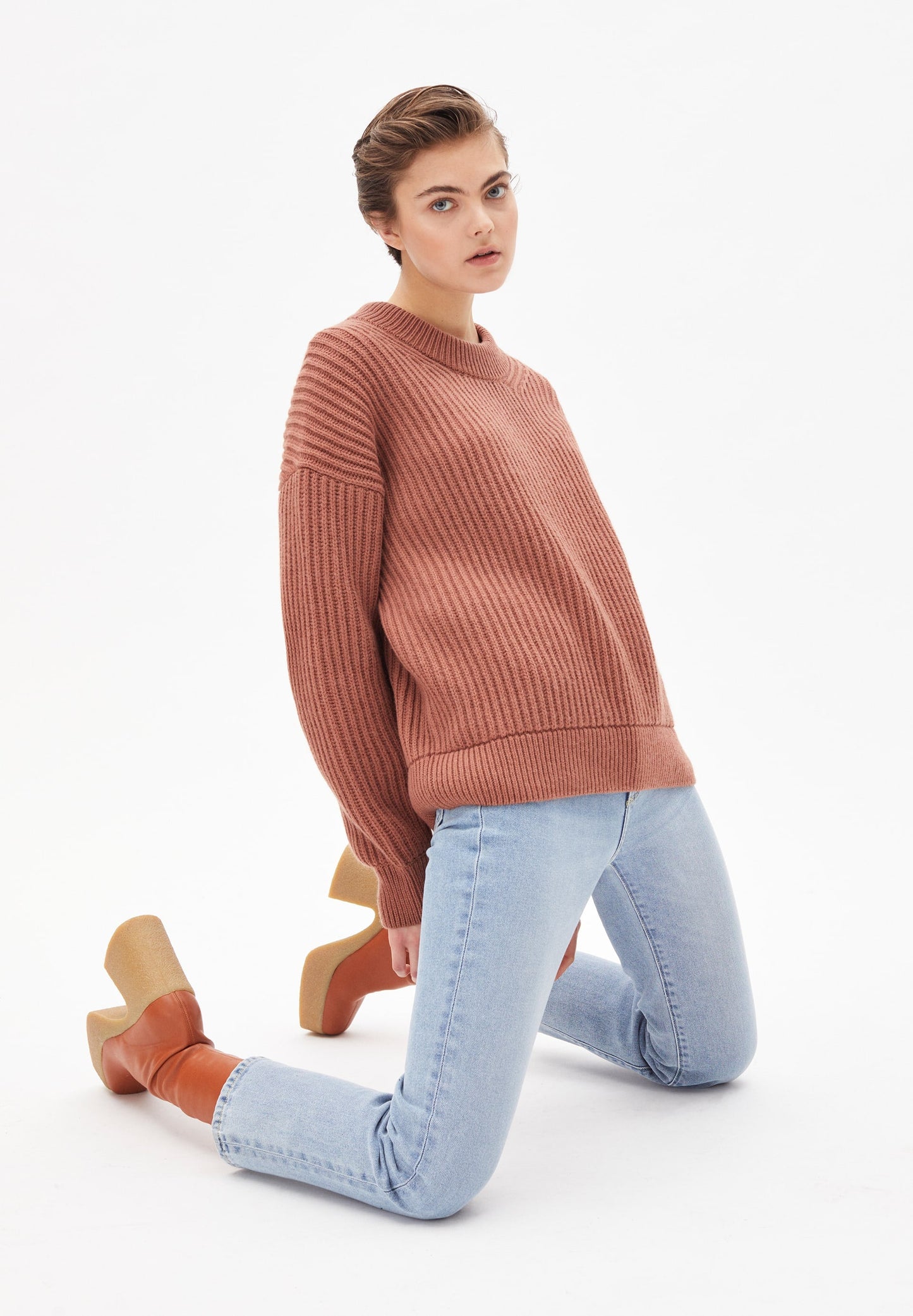 Pull vieux rose en maille en laine et coton bio - hilariaa copper glow