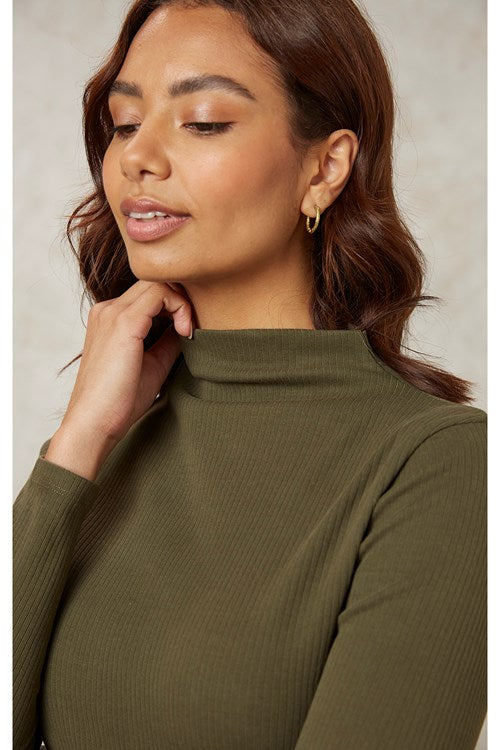 Col roulé kaki en coton bio - hiral rib turtleneck top khaki