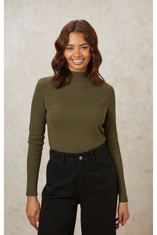 Col roulé kaki en coton bio - hiral rib turtleneck top khaki