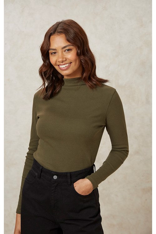 Col roulé kaki en coton bio - hiral rib turtleneck top khaki