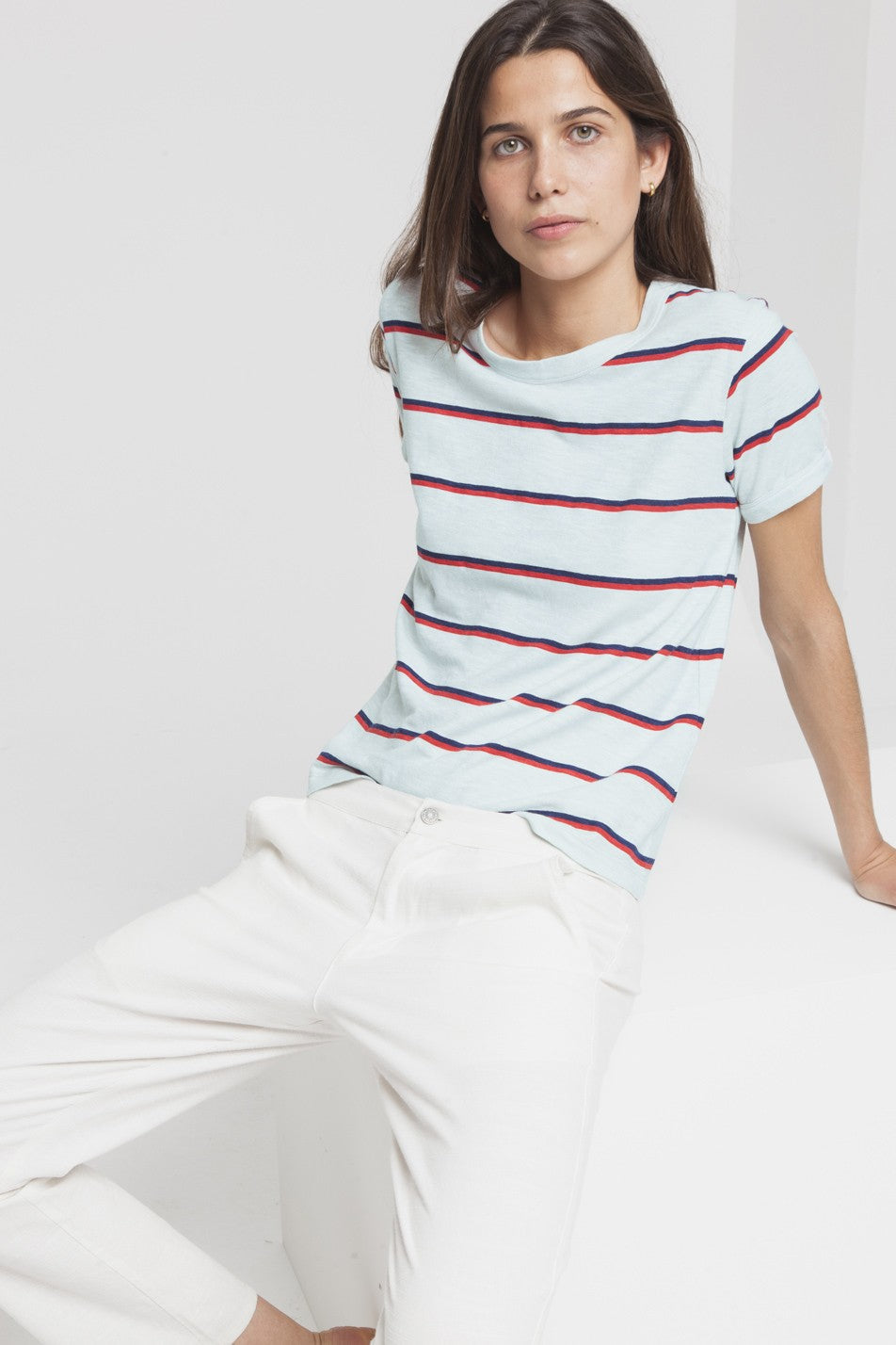 T-shirt rayé bleu clair en chanvre et coton bio - Retro