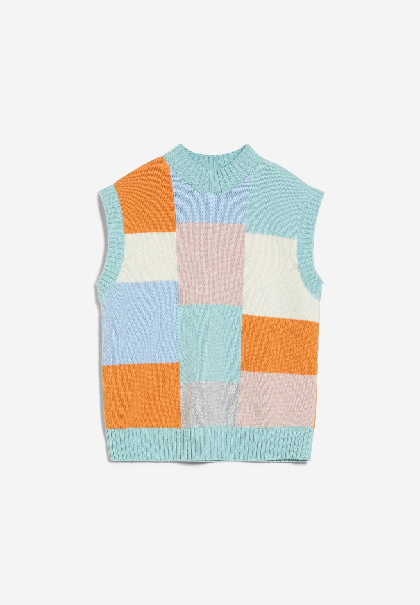 Pull graphique sans manches en laine bio et recyclée - ilgaa patchwork oatmilk-sunset