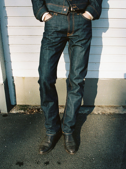Jean droit en coton biologique | bleu "Slim jim dry streaky - dry blue"
