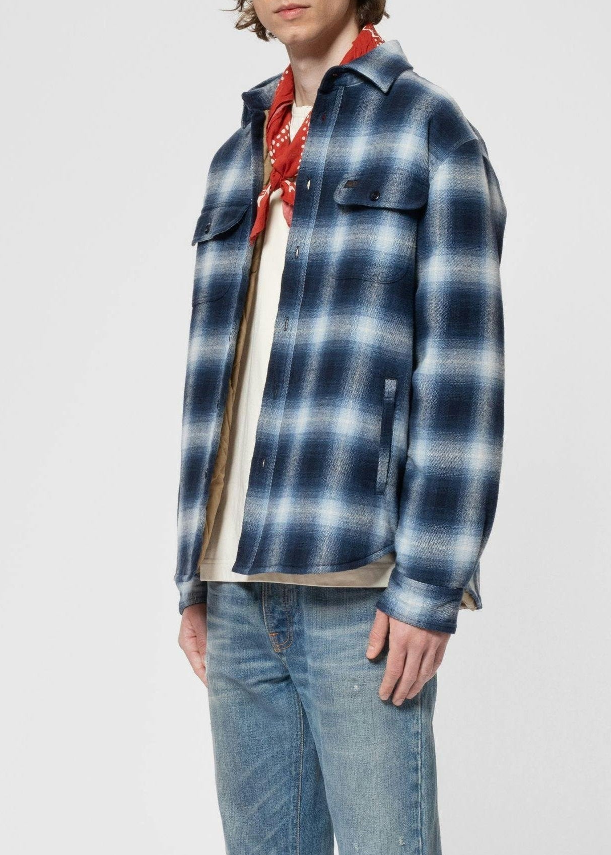 Veste en coton bio et matière recyclée | bleu "glenn padded shadow check shirt blue"