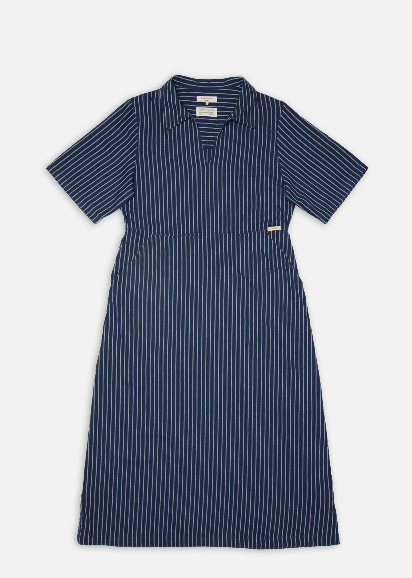 Robe mi-longue en coton bio | rayée bleu "ronja open collar dress blue - blue"