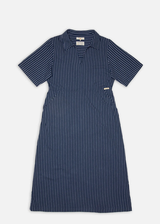 Robe mi-longue en coton bio | rayée bleu "ronja open collar dress blue - blue"