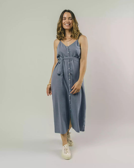 Robe longue en coton bio | bleu "bubble strap dress cloud blue"