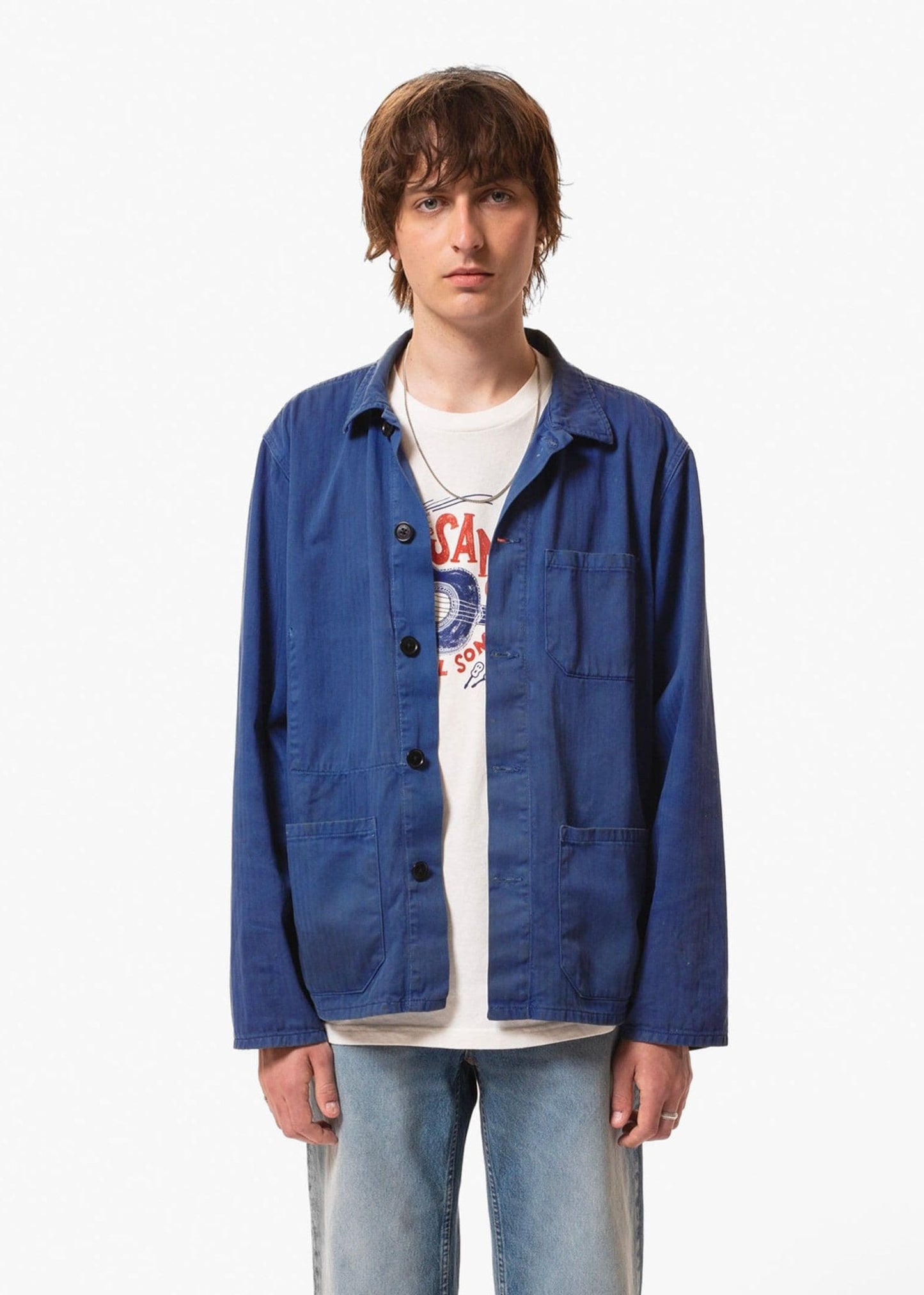 Veste de travail à chevrons en coton bio | bleu "buddy herringbone chore jacket - blue"