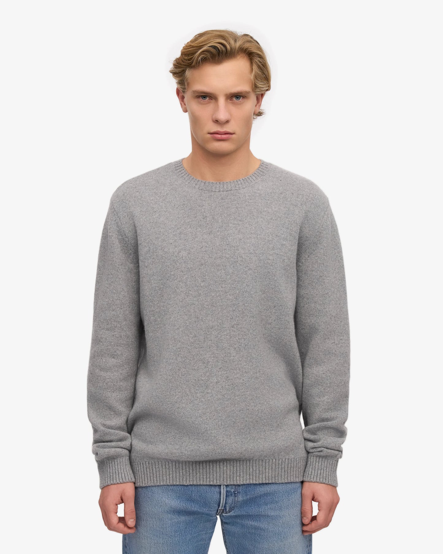 Pull col rond gris en laine mérinos recyclée - heather grey