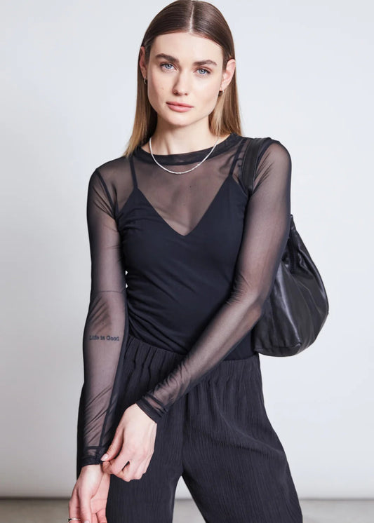 Top manches longues transparent en matières recyclées | noir "dora - black"