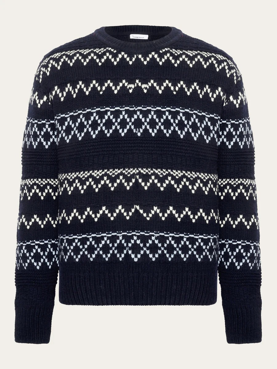 Pull en laine certifiée | bleu 'knitted pattern crew neck blue stripe'