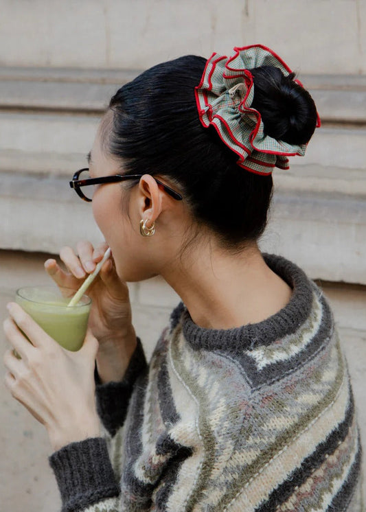 Maxi chouchou en matière upcyclée | vichy rouge et bleu - vert