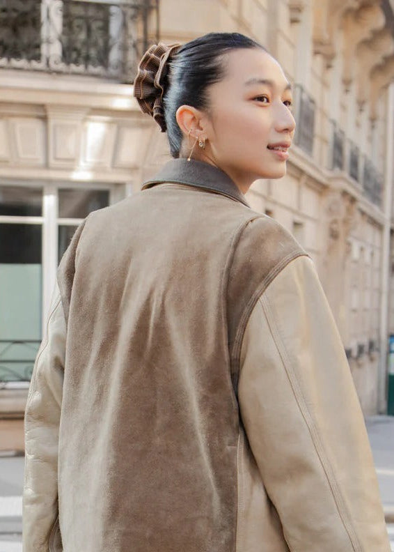 Maxi chouchou en matière upcyclée | pied de poule camel - marron