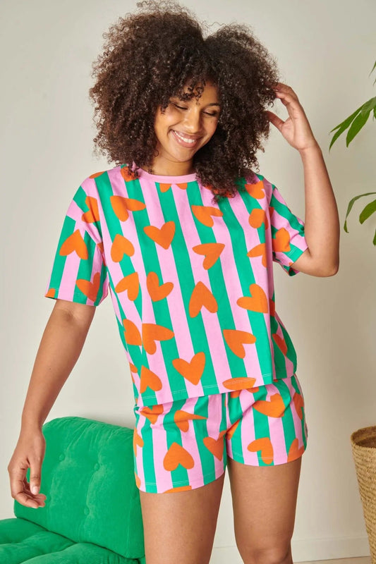 pyjama en coton bio |coeurs rayures - vert