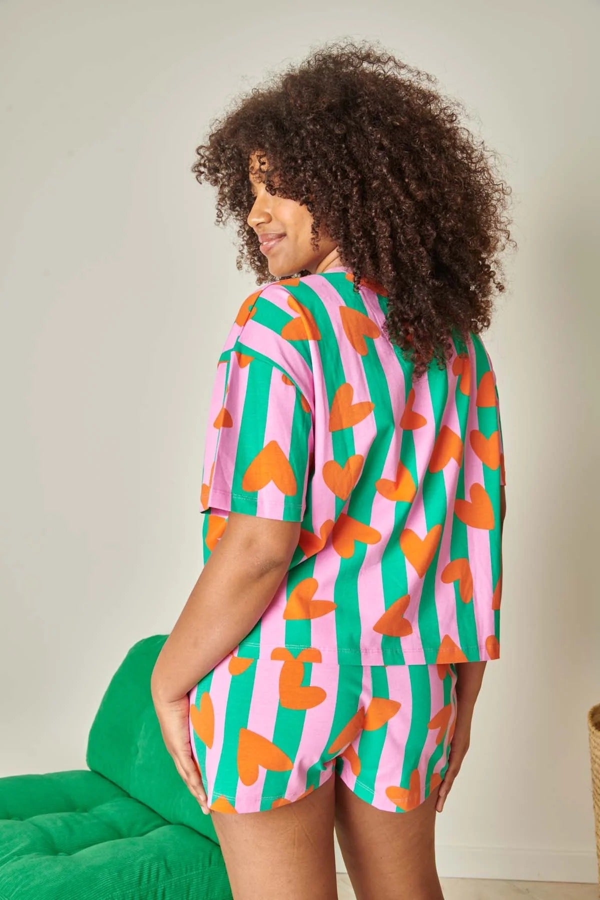 pyjama en coton bio |coeurs rayures - vert