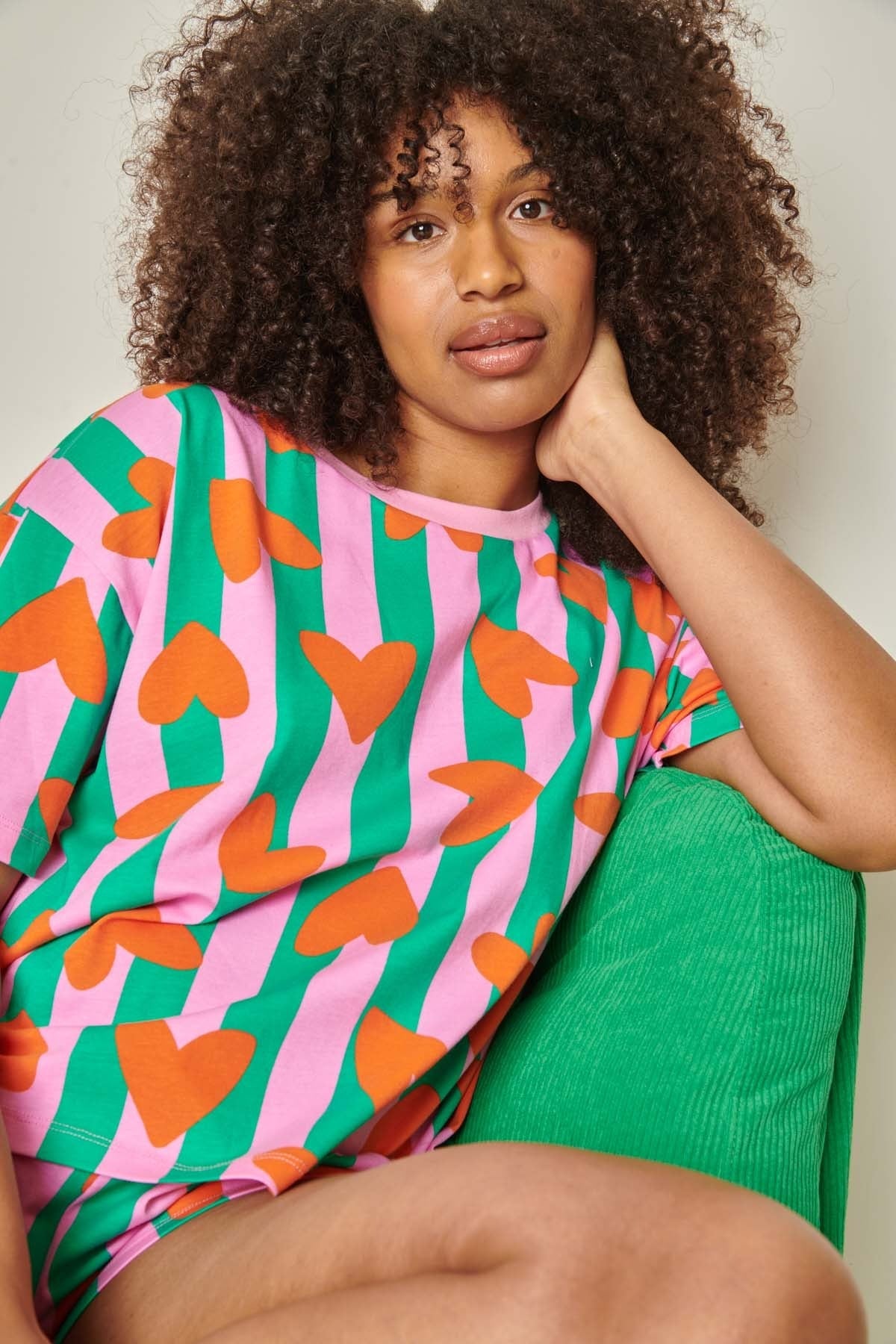 pyjama en coton bio |coeurs rayures - vert
