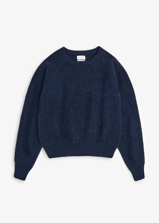 Pull en laine recyclée | bleu "cropped knit sweater wool-blend - blue melange"