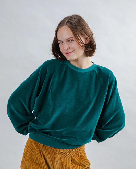 Sweat velours en coton bio | vert "velvet raglan sweatshirt green"