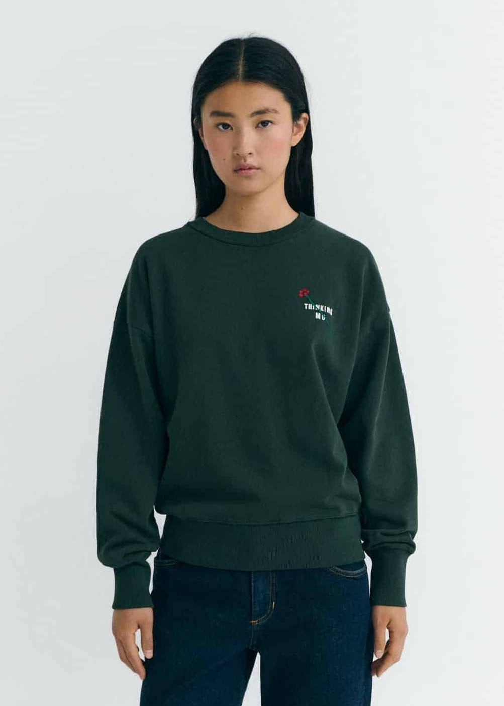 Sweatshirt brodé en coton bio | vert "flower tm bottle green jodie sweatshirt - green"