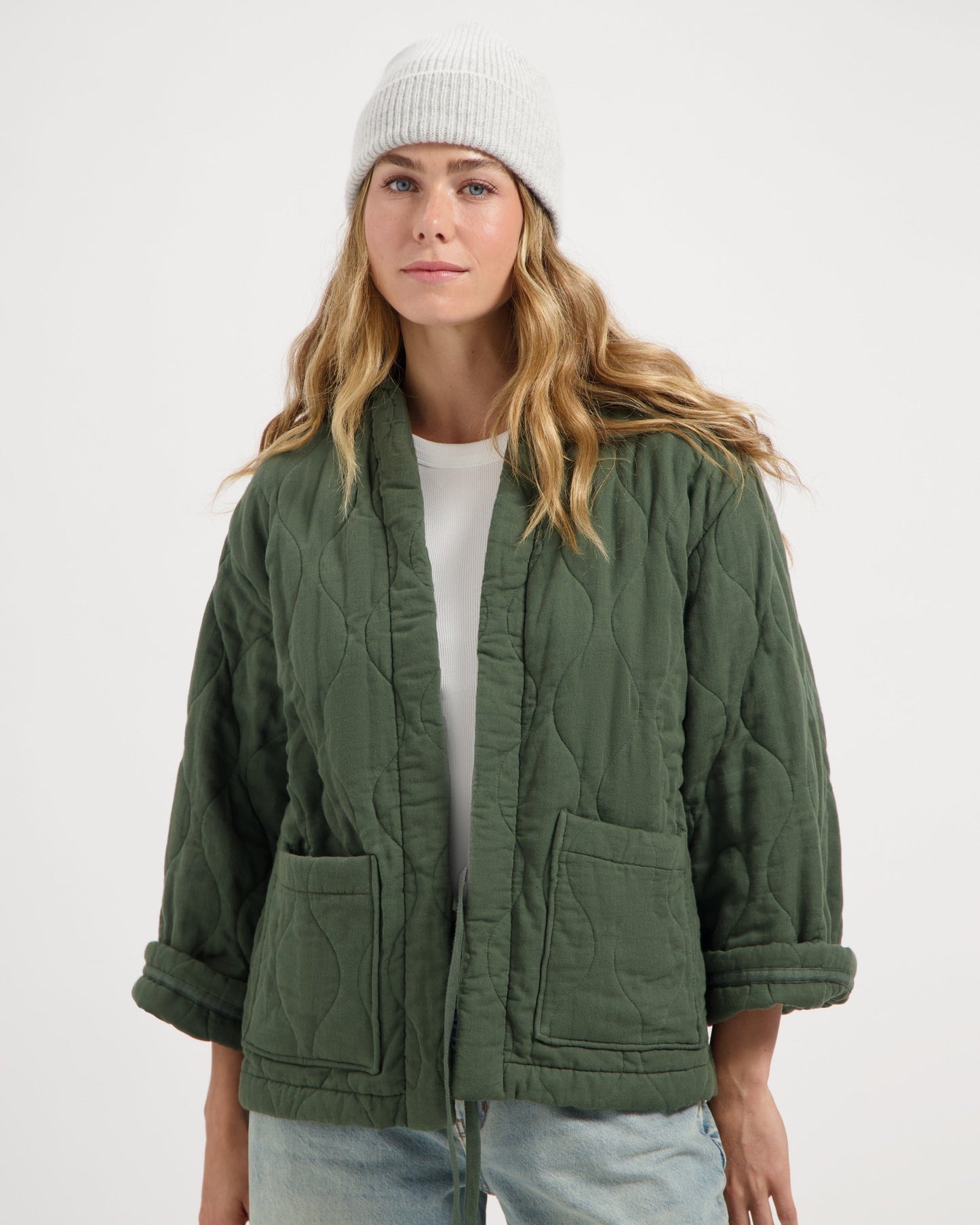 Veste kimono matelassée en coton bio | kaki "nika padded jacket - moss green"