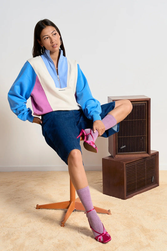 Sweat zippé en coton bio | multicolore "emma bleu"