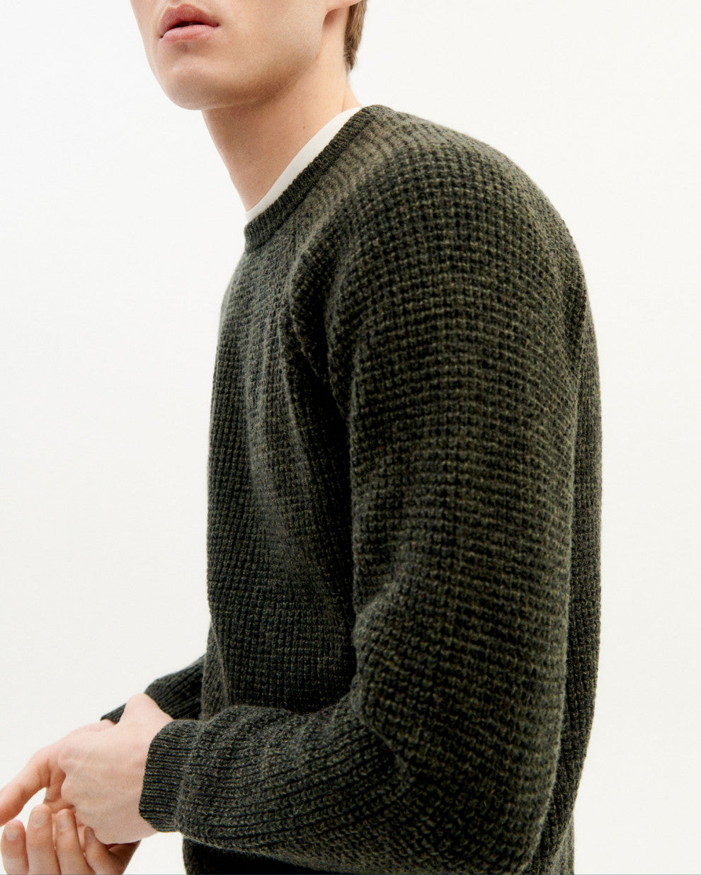 Pull col rond vert foncé en laine certifiée - anteros dark green