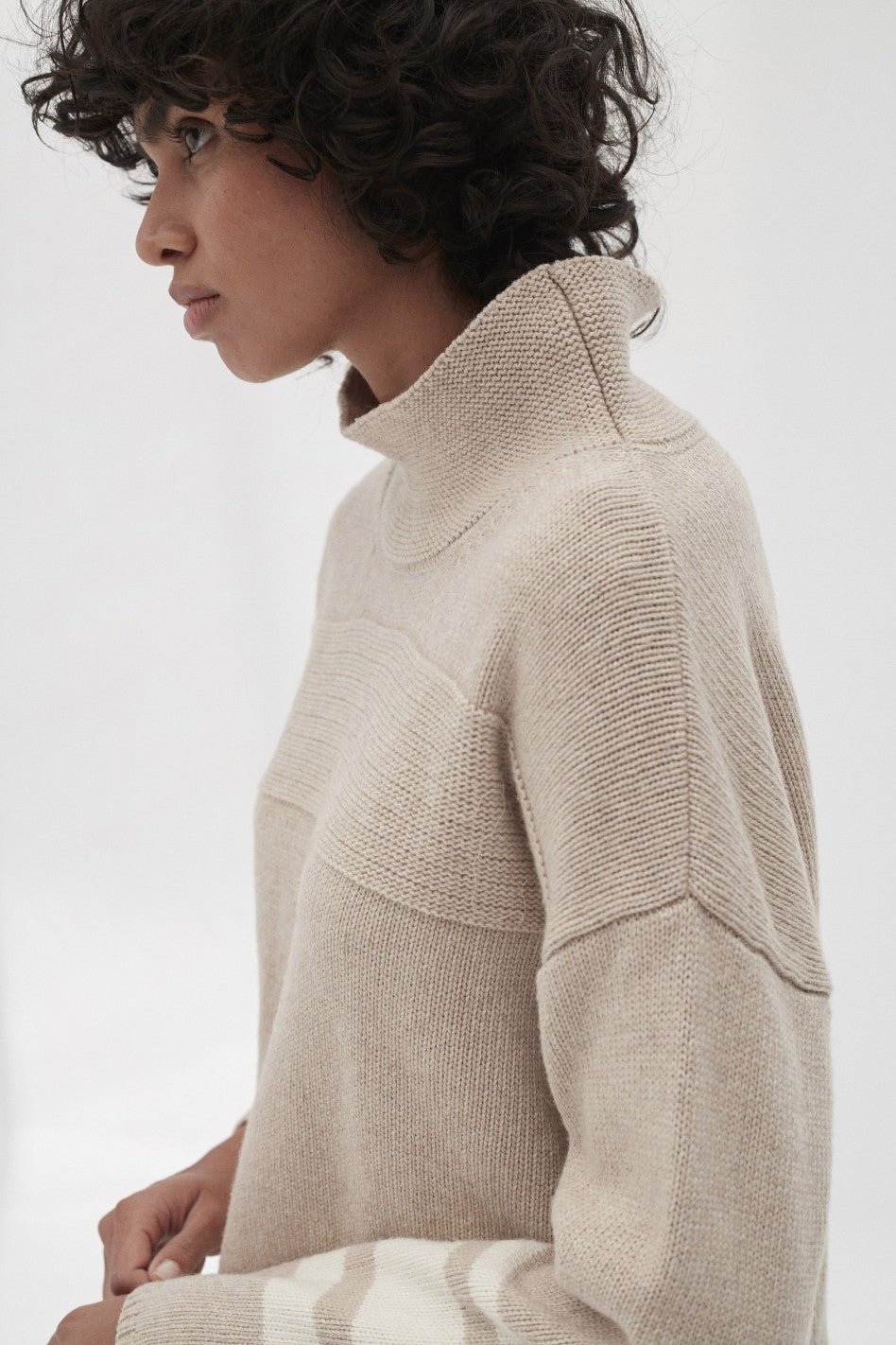 Pull en maille col haut beige en laine recyclée - Dema