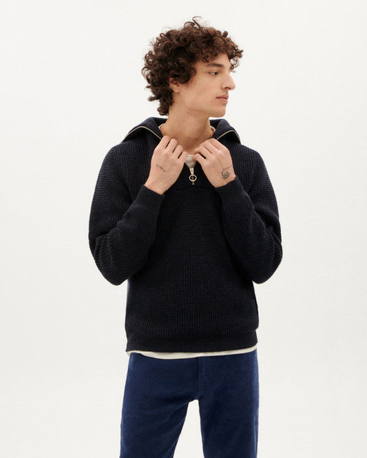 Pull cammionneur en maille de laine certifiée | marine "navy helio knitted sweater"