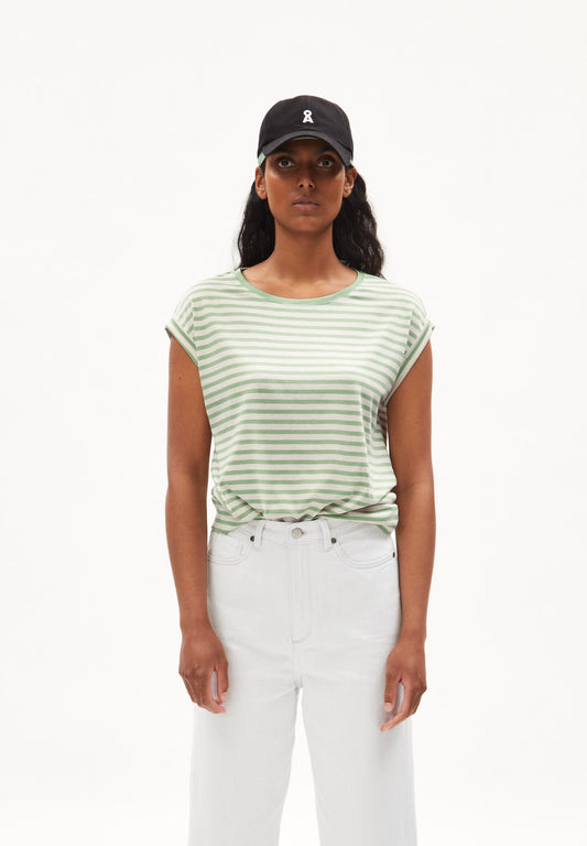 T-shirt rayé bicolore en tencel et coton bio - jilaana stripes - smith green-oatmilk