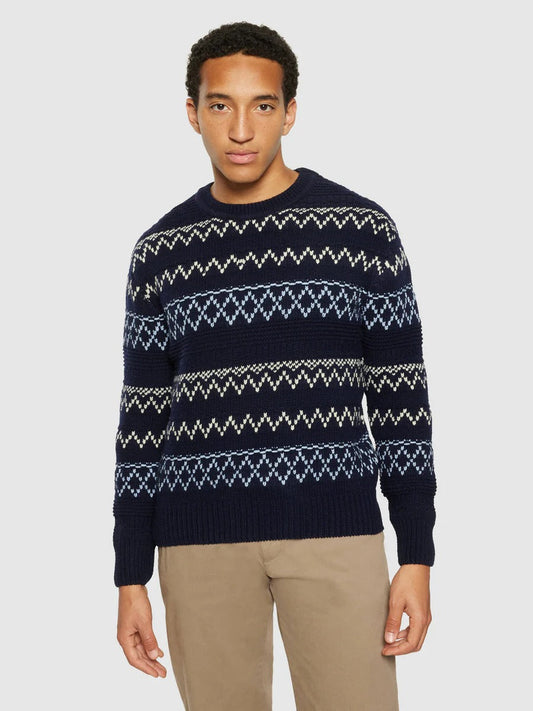Pull en laine certifiée | bleu 'knitted pattern crew neck blue stripe'