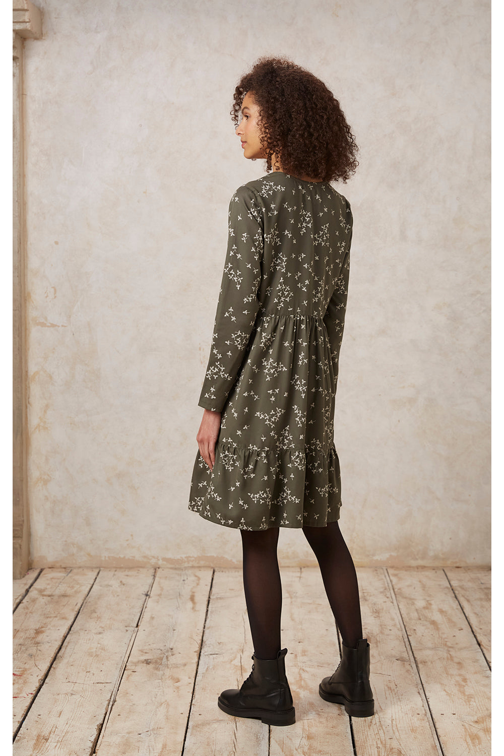 Robe plissée kaki à motifs en tencel - juno leaf dress khaki