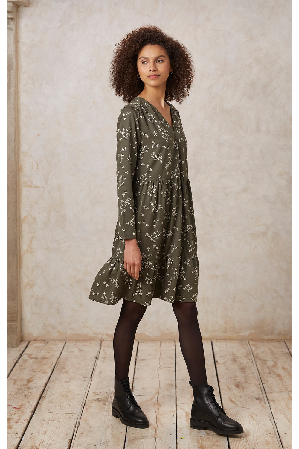 Robe plissée kaki à motifs en tencel - juno leaf dress khaki